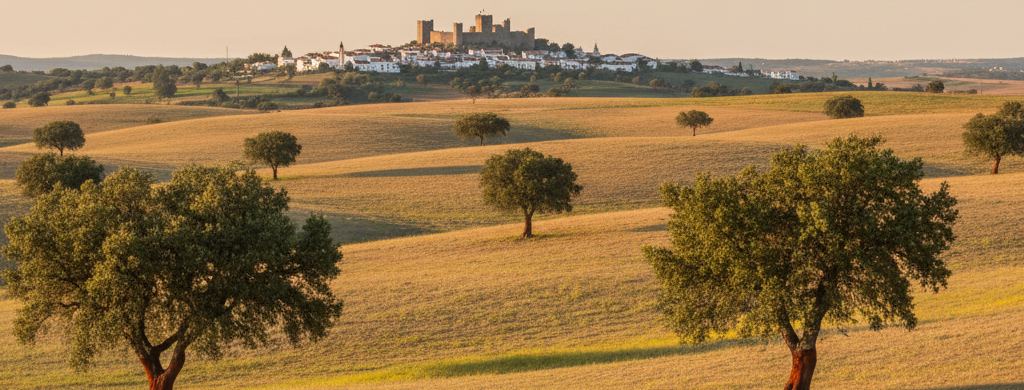 Widely spaced cork oaks on a dry rolling plain with a walled hill village beyond