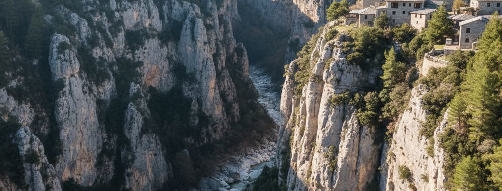 Wide view of a limestone gorge with grey stone villages on the rim above pine slopes